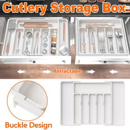 Portable Tableware Storage Box Telescopic Household Cutlery Tray Organizer