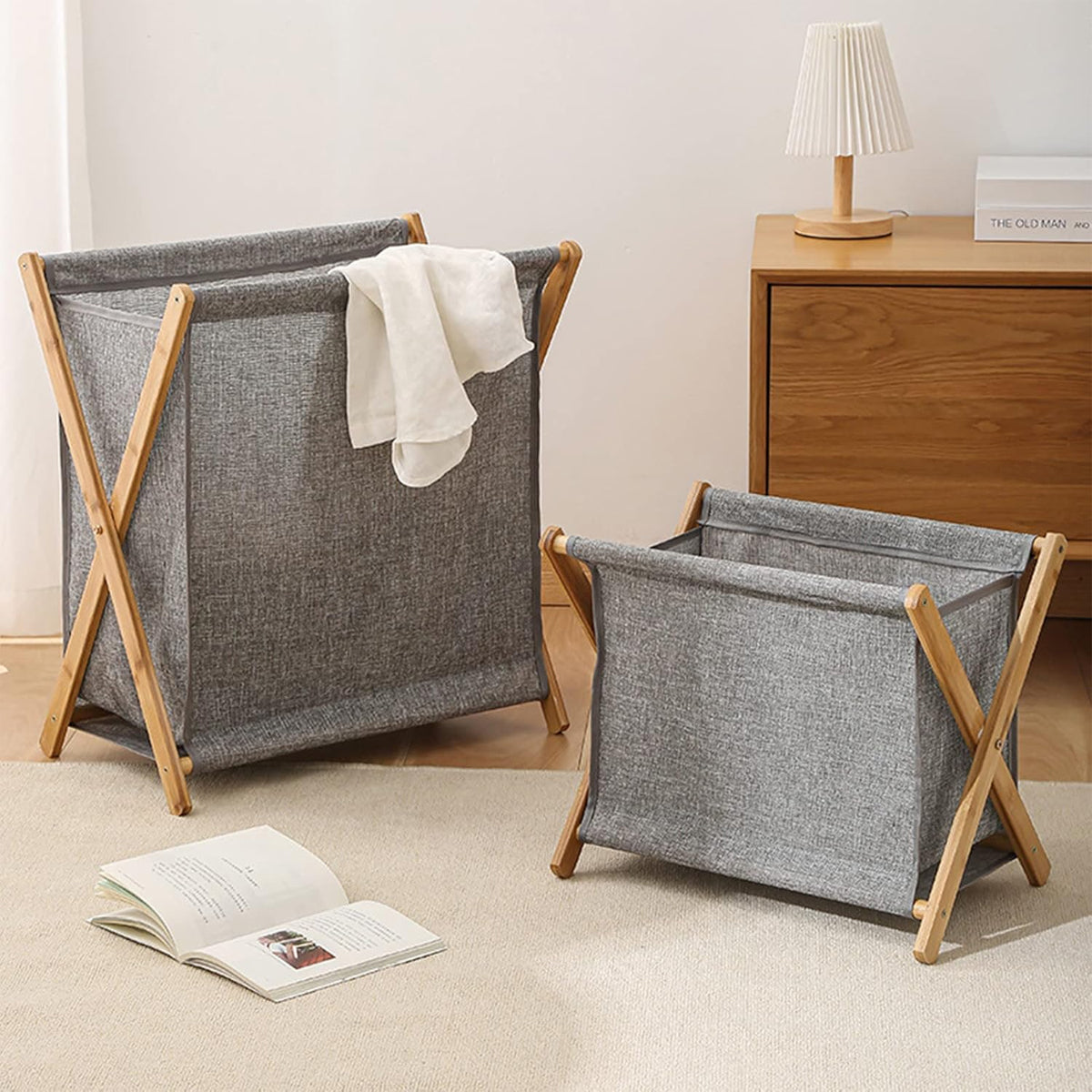 Wooden Collapsible Laundry Basket with Breathable Fabric