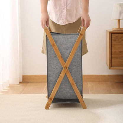 Wooden Collapsible Laundry Basket with Breathable Fabric