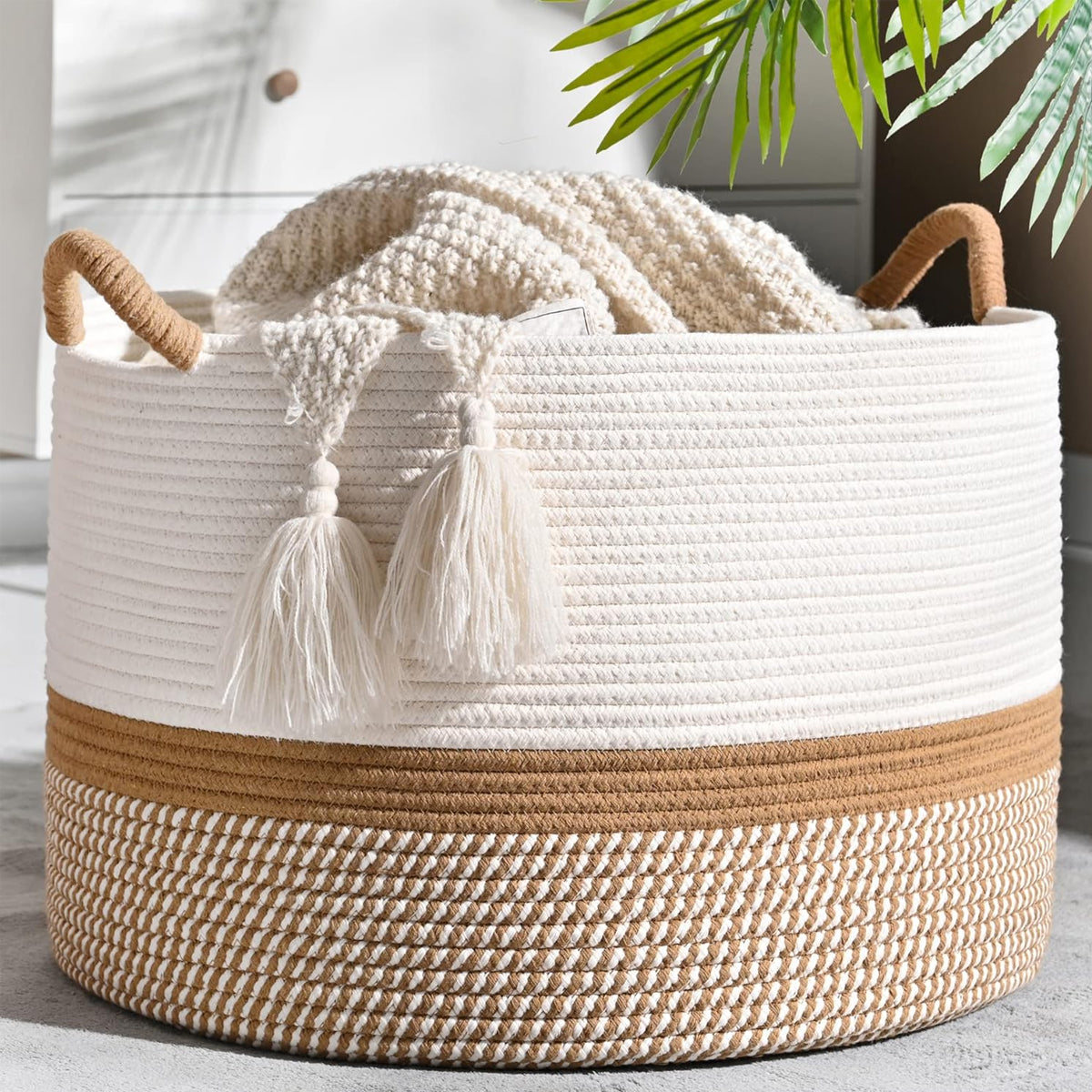 Foldable Large Cotton Rope Laundry Basket with Knot Handles