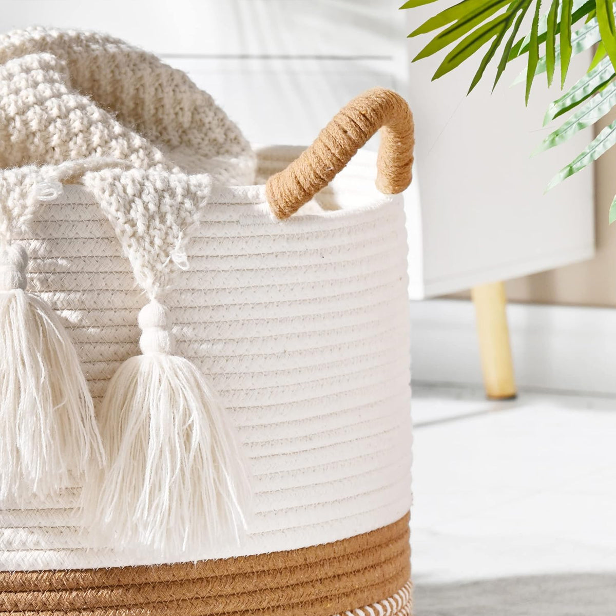 Foldable Large Cotton Rope Laundry Basket with Knot Handles