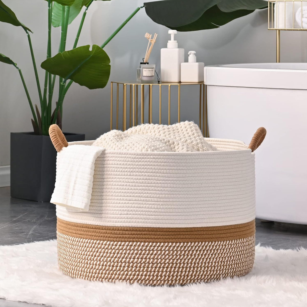 Foldable Large Cotton Rope Laundry Basket with Knot Handles
