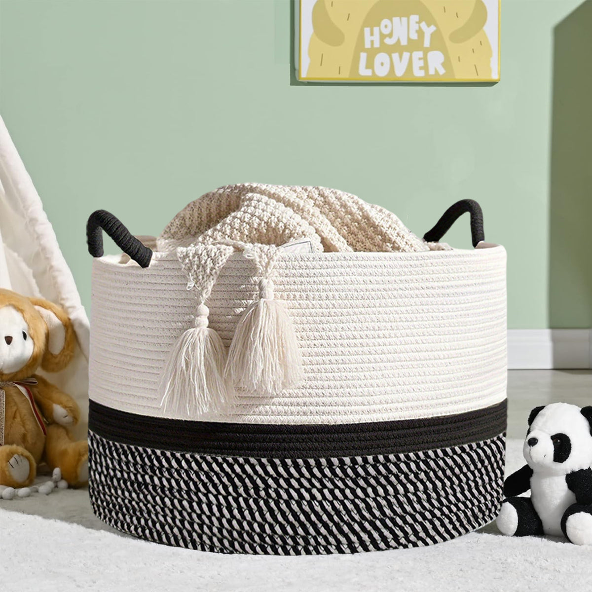 Foldable Large Cotton Rope Laundry Basket with Knot Handles