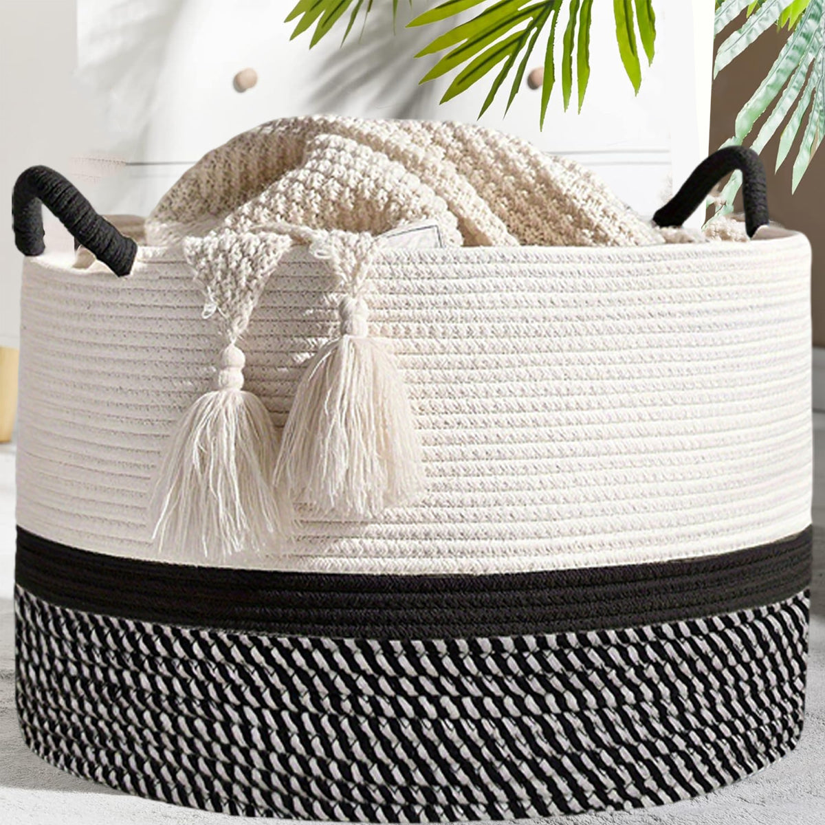 Foldable Large Cotton Rope Laundry Basket with Knot Handles