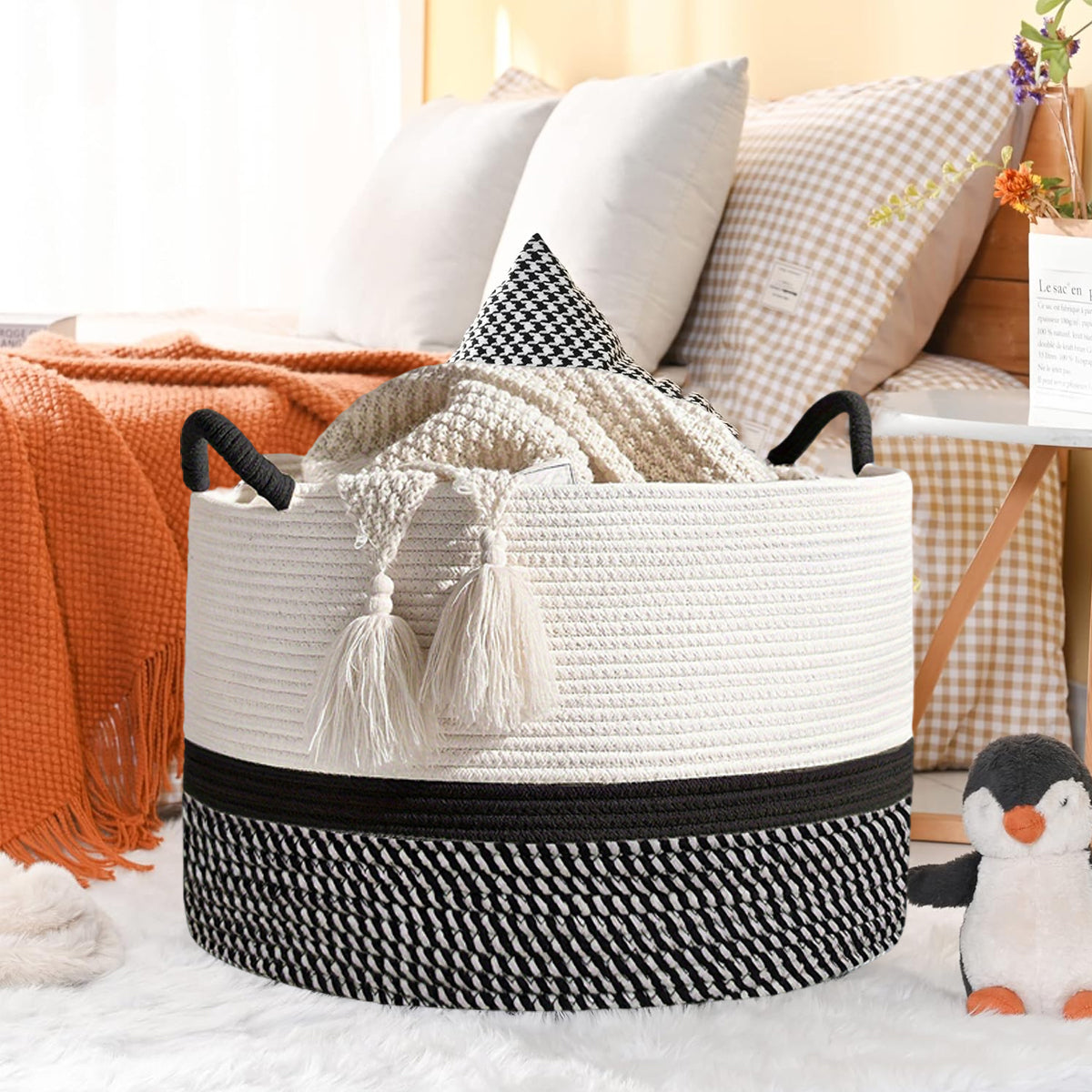 Foldable Large Cotton Rope Laundry Basket with Knot Handles