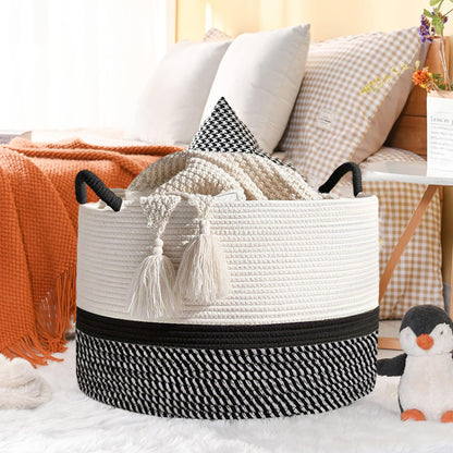 Foldable Large Cotton Rope Laundry Basket with Knot Handles