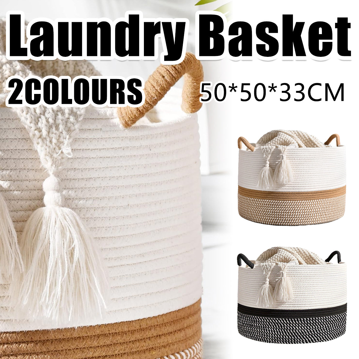 Foldable Large Cotton Rope Laundry Basket with Knot Handles