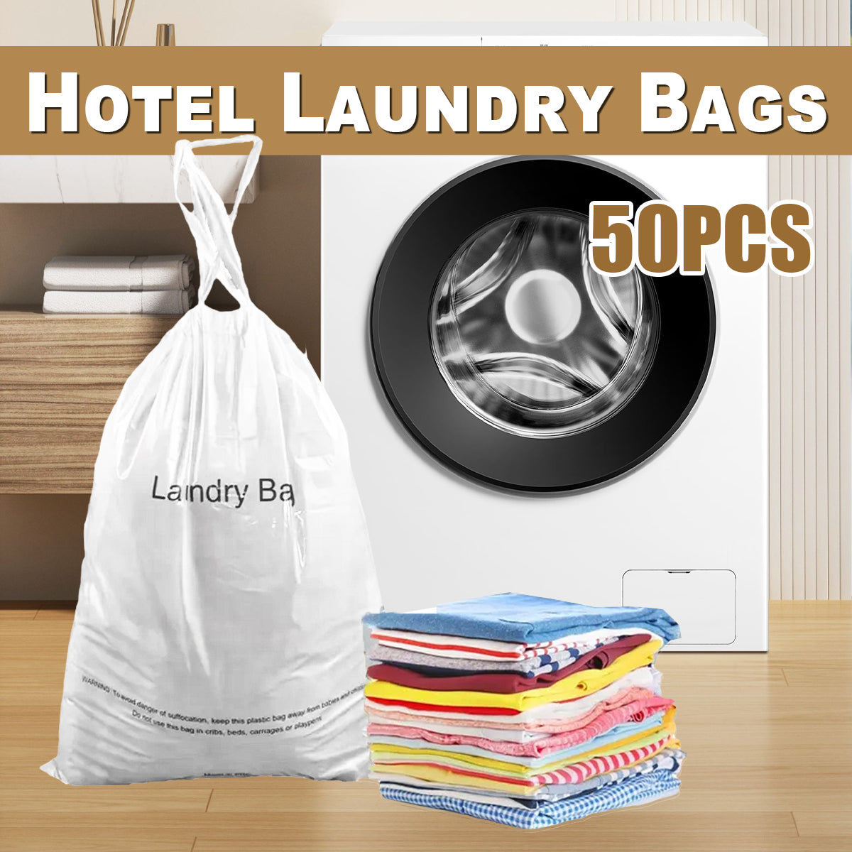 50 Pcs Disposable Plastic Laundry Bags with Drawstring Closure