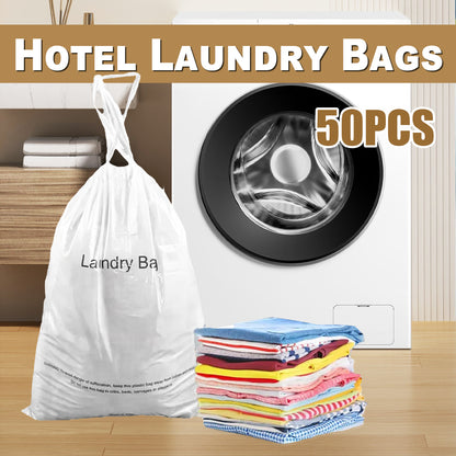 50 Pcs Disposable Plastic Laundry Bags with Drawstring Closure