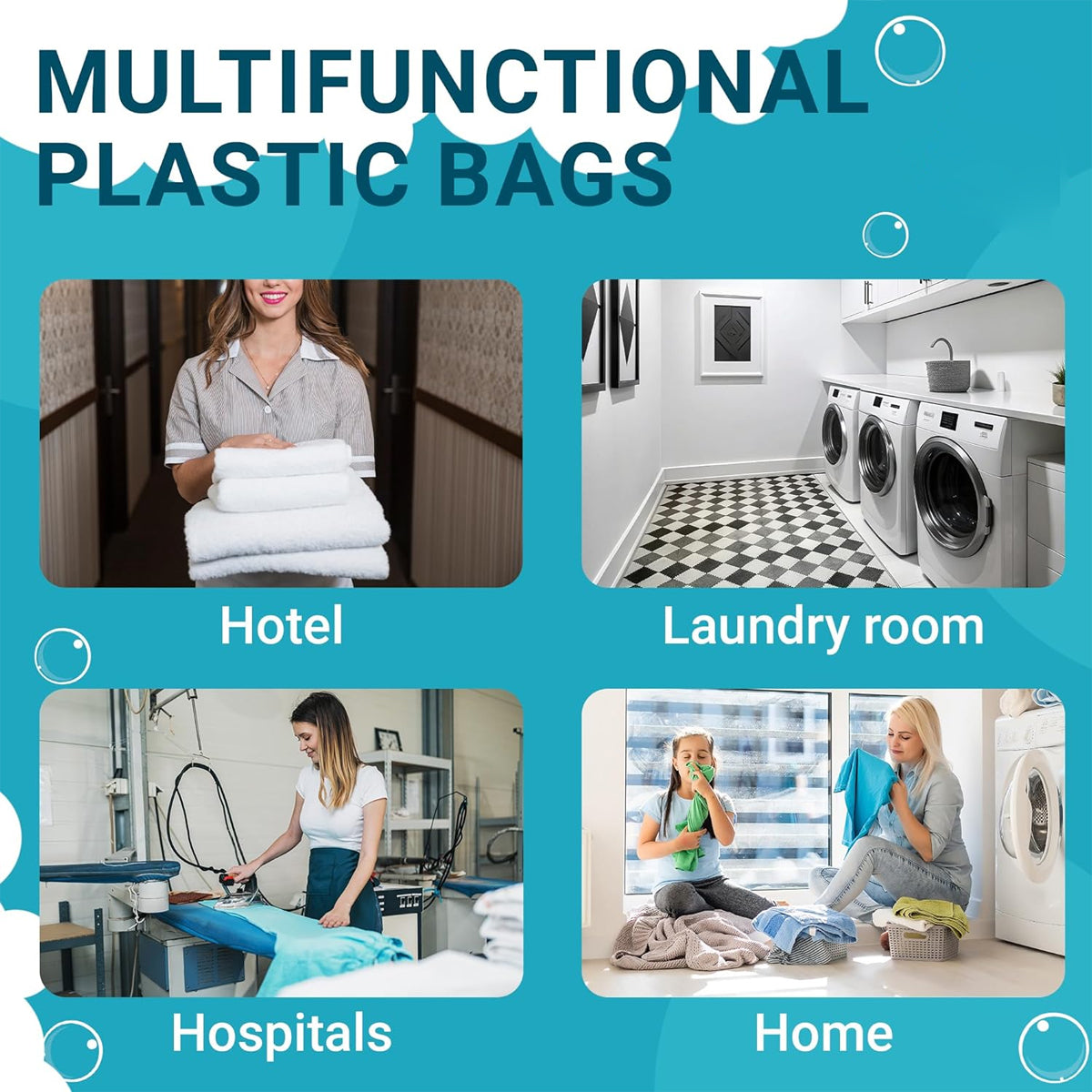 50 Pcs Disposable Plastic Laundry Bags with Drawstring Closure