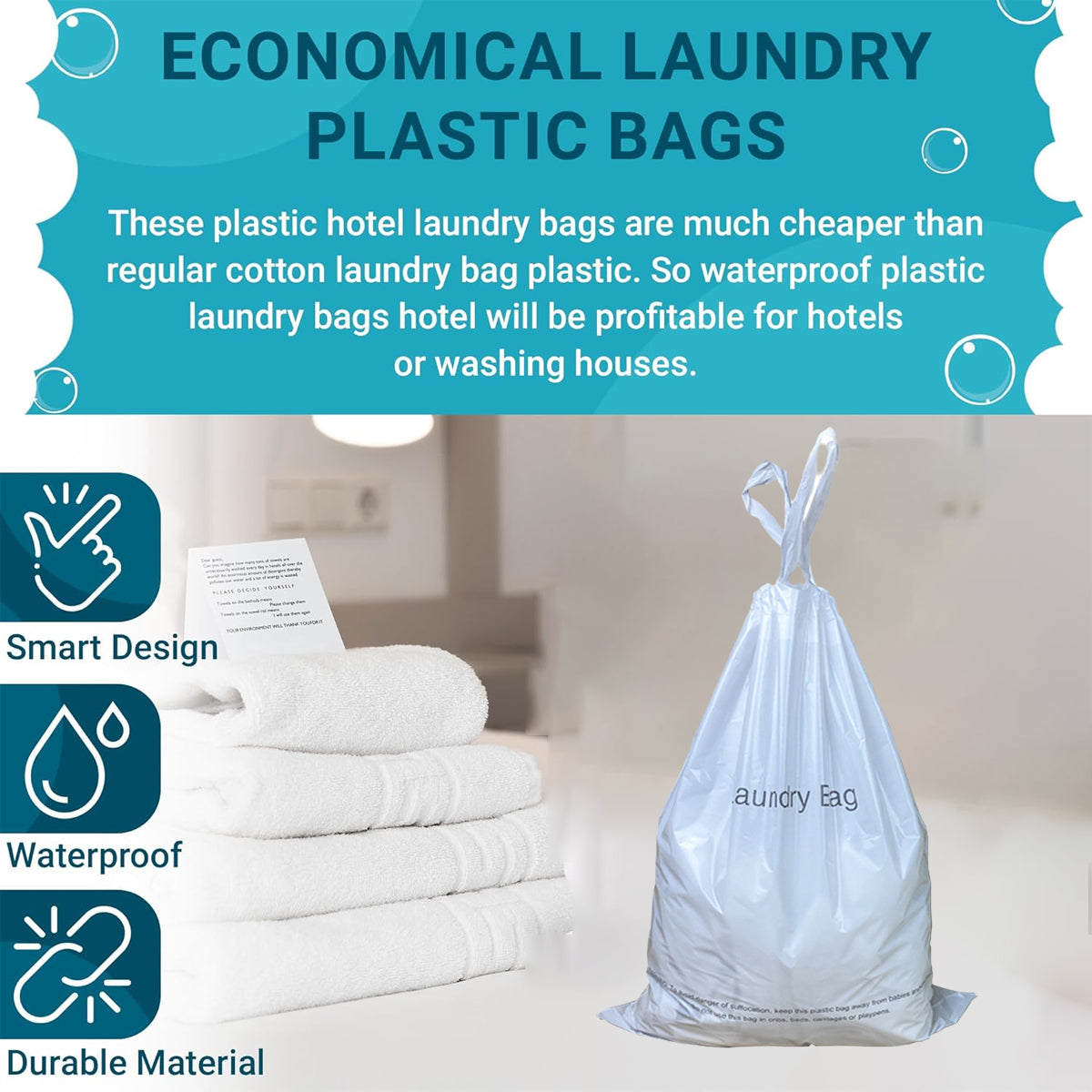 50 Pcs Disposable Plastic Laundry Bags with Drawstring Closure