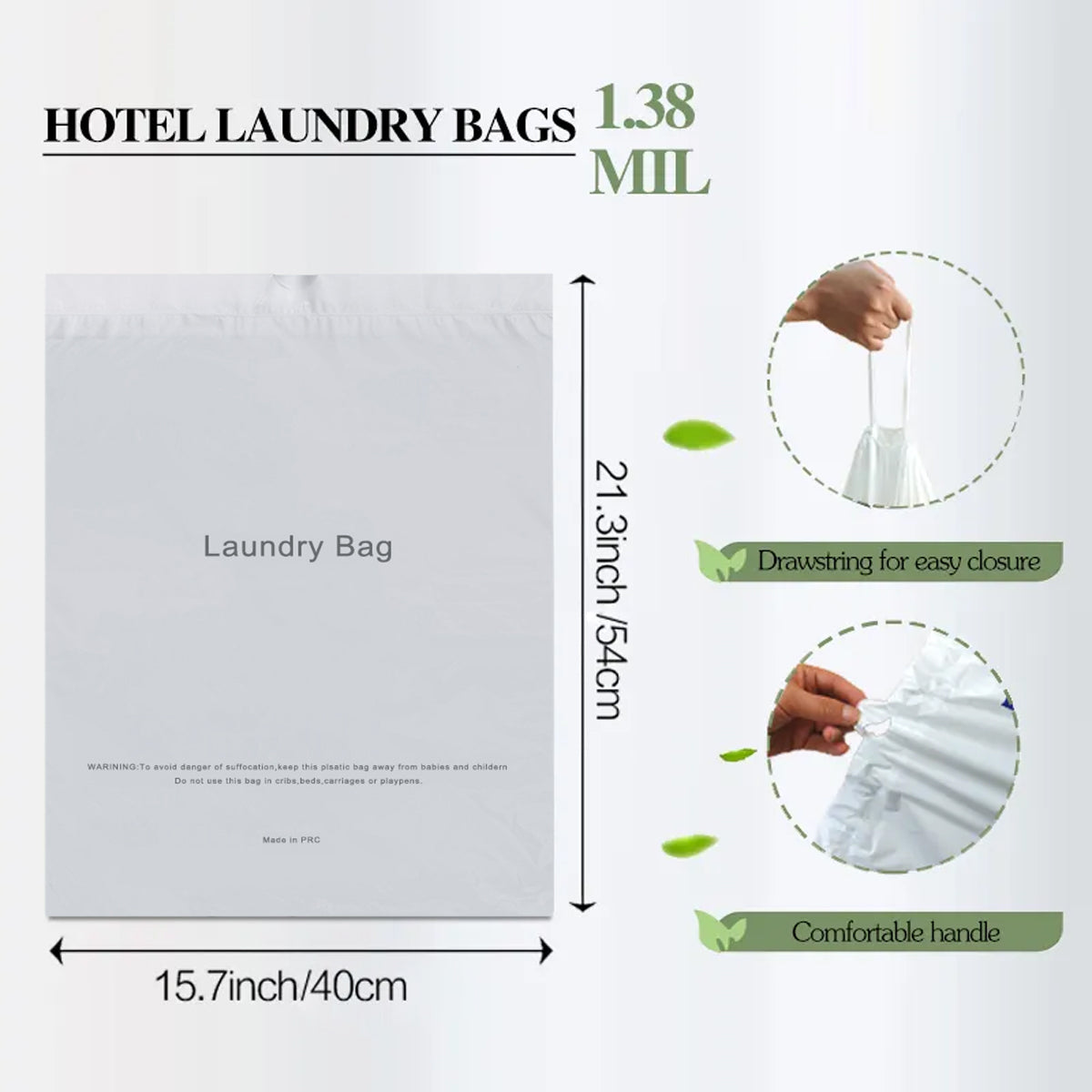 50 Pcs Disposable Plastic Laundry Bags with Drawstring Closure