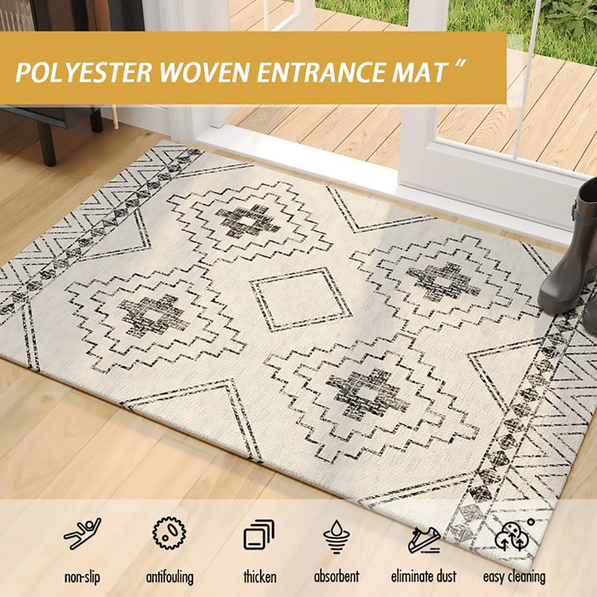 Anti-Slip Entrance Mat Bamboo-Cotton Blend Geometric Design