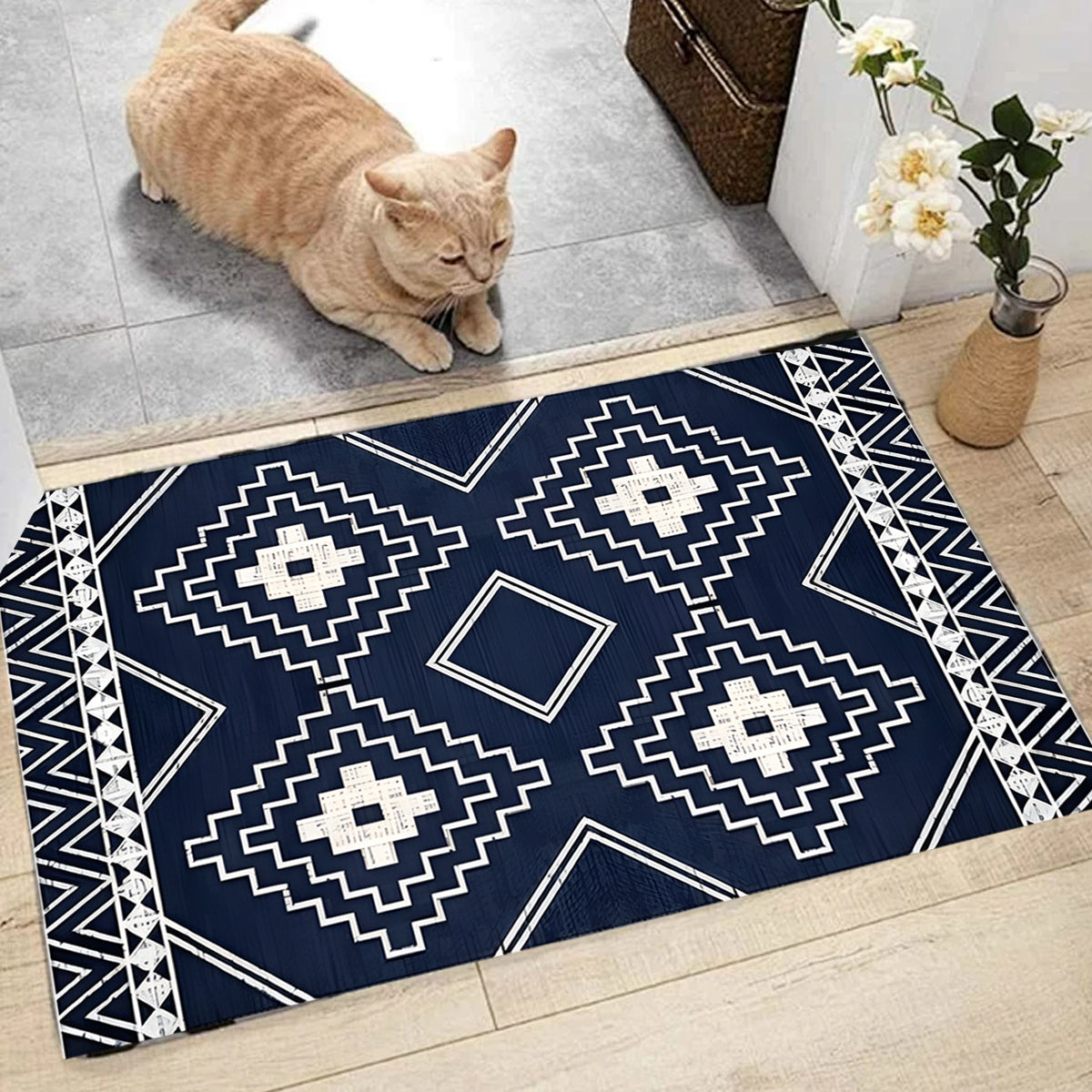 Anti-Slip Entrance Mat Bamboo-Cotton Blend Geometric Design