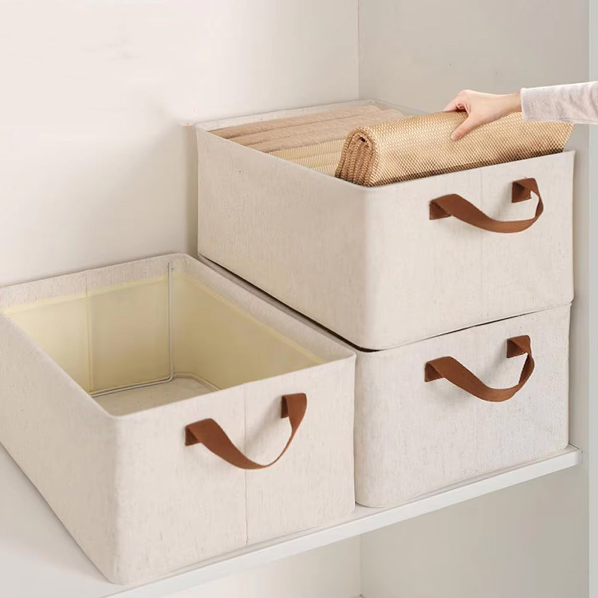 3PCS Cotton Linen Storage Box Set Foldable Washable Bedroom Wardrobe Organizer