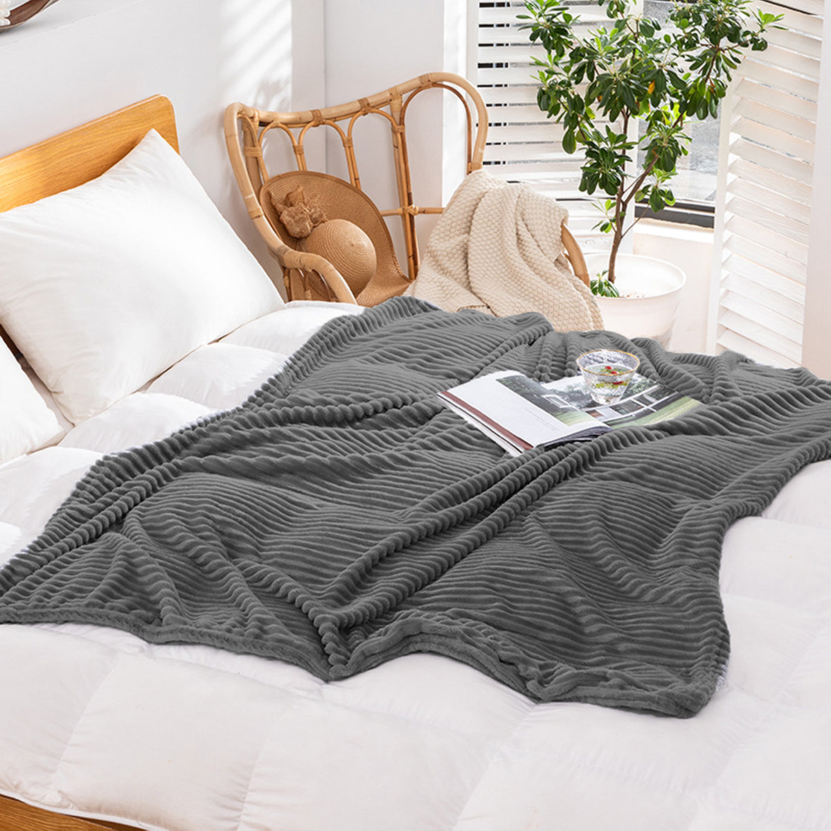 Grey Flannel Stripe Blanket Nap Lounge Throw For Sofa Cover Warm Bed Blanket