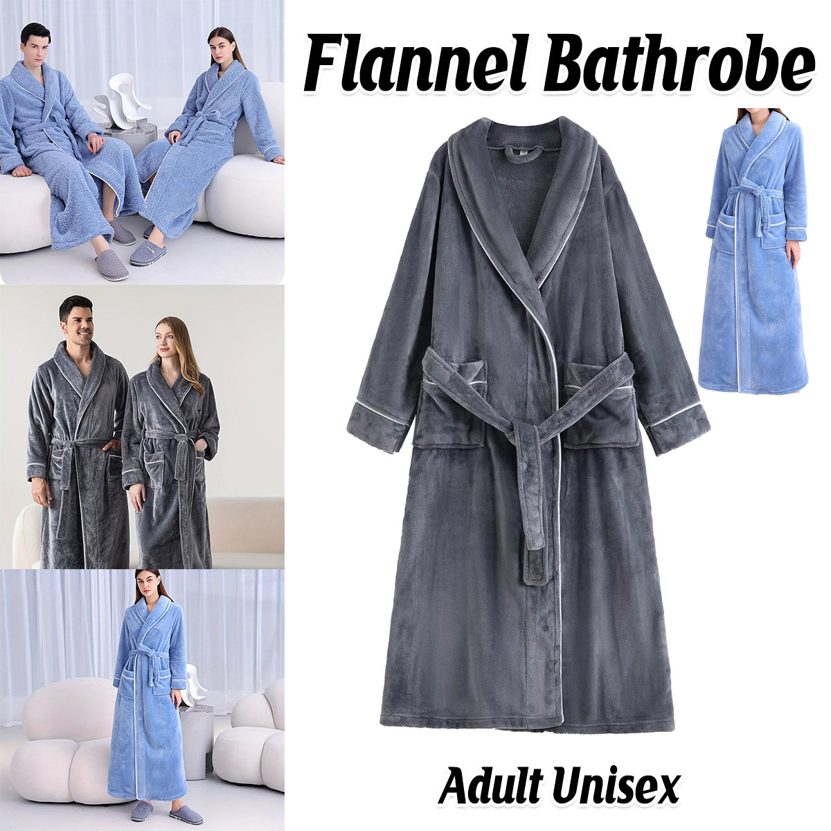 Flannel Bathrobe Coral Fleece Warm Nightgown for Men and Women