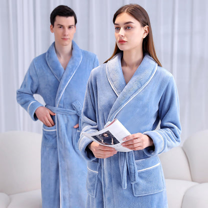 Flannel Bathrobe Coral Fleece Warm Nightgown for Men and Women