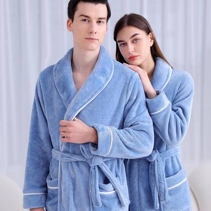 Flannel Bathrobe Coral Fleece Warm Nightgown for Men and Women