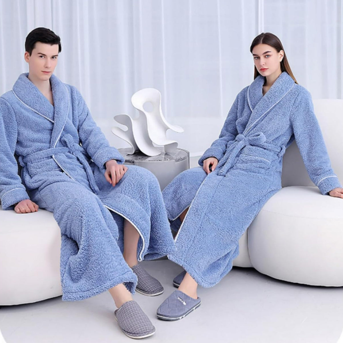 Flannel Bathrobe Coral Fleece Warm Nightgown for Men and Women