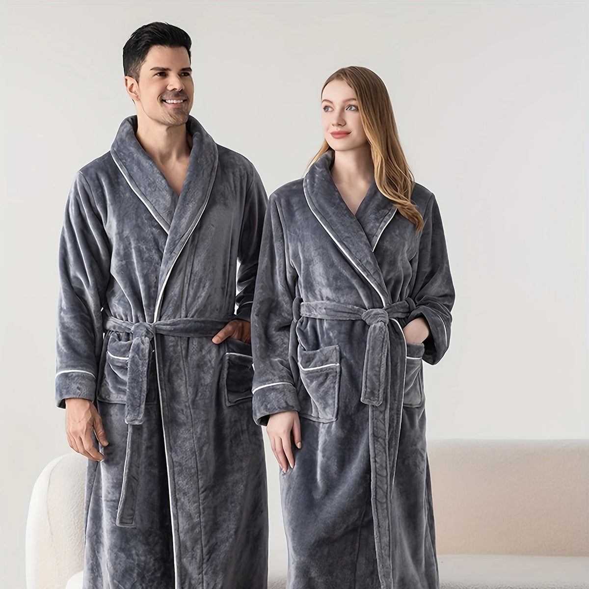 Flannel Bathrobe Coral Fleece Warm Nightgown for Men and Women