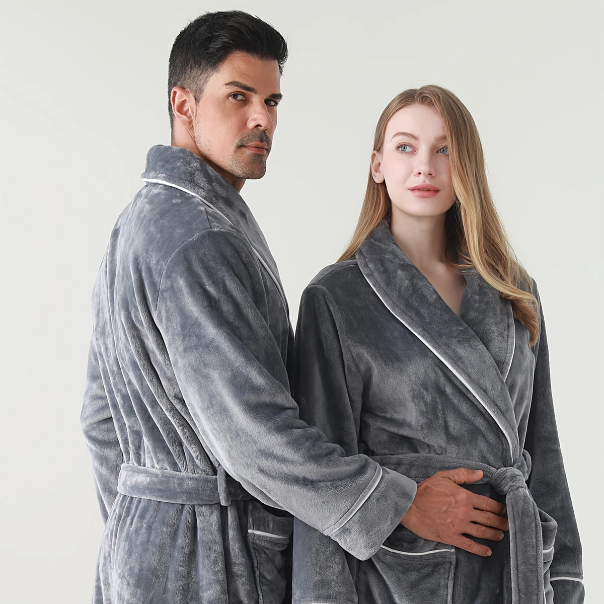 Flannel Bathrobe Coral Fleece Warm Nightgown for Men and Women
