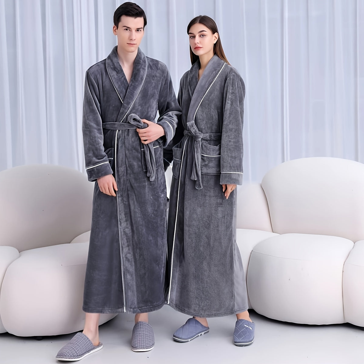 Flannel Bathrobe Coral Fleece Warm Nightgown for Men and Women