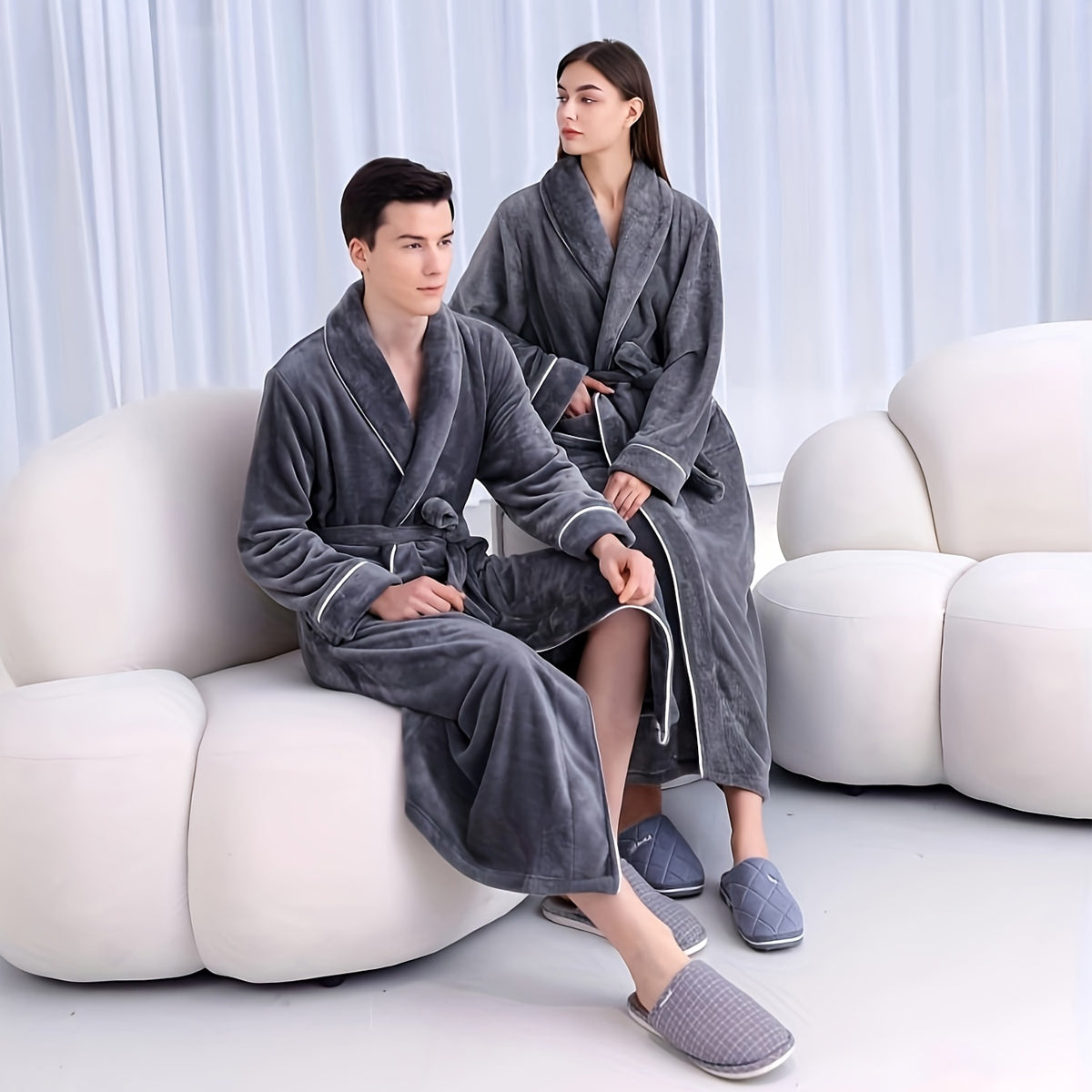 Flannel Bathrobe Coral Fleece Warm Nightgown for Men and Women