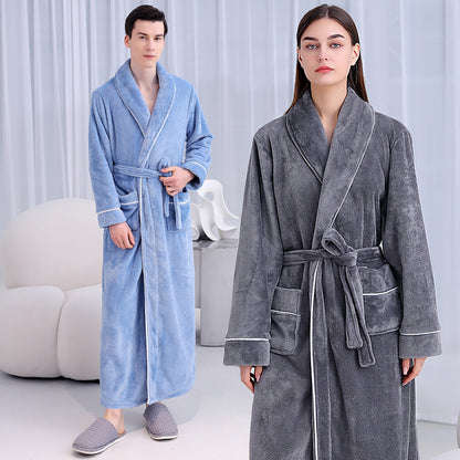Flannel Bathrobe Coral Fleece Warm Nightgown for Men and Women