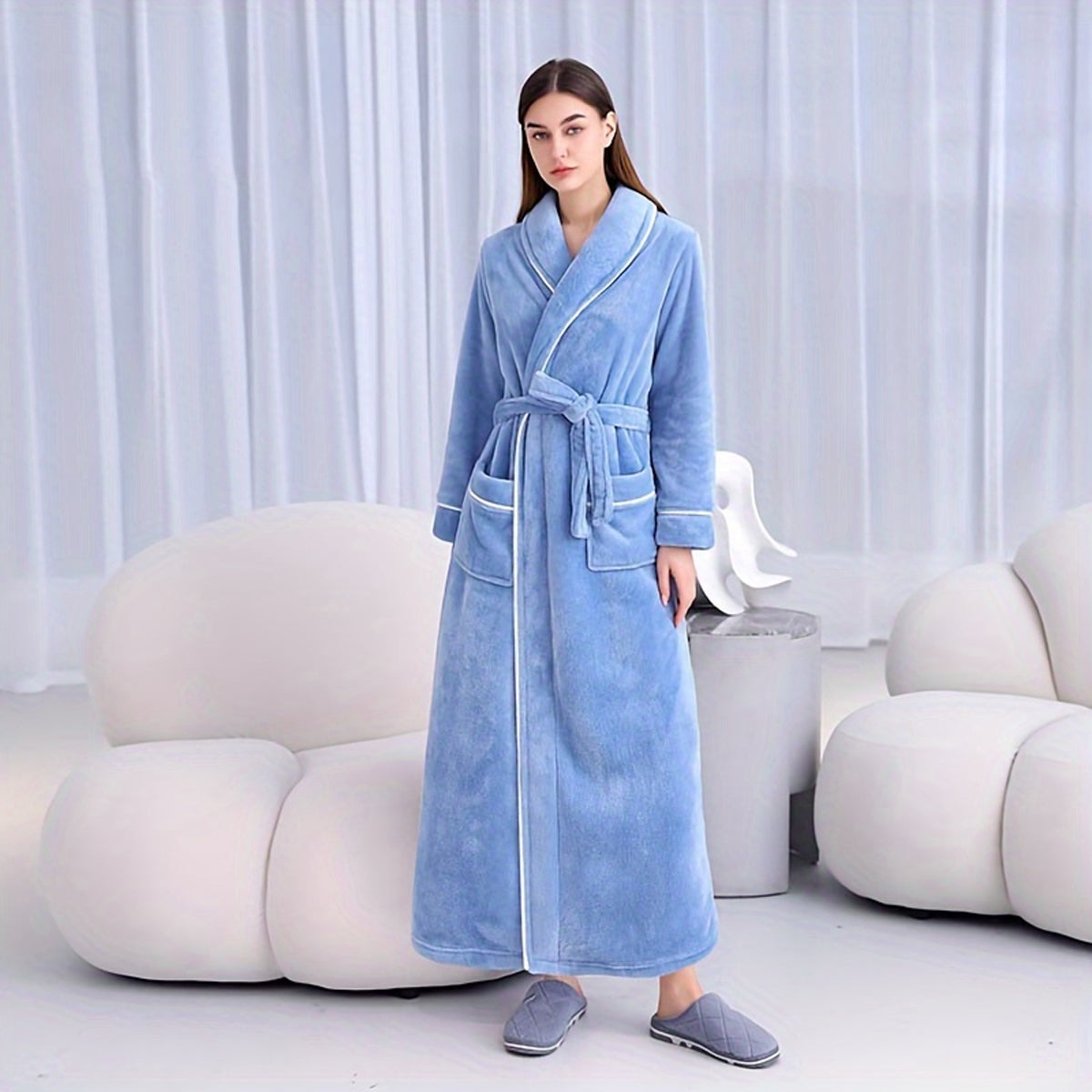 Flannel Bathrobe Coral Fleece Warm Nightgown for Men and Women