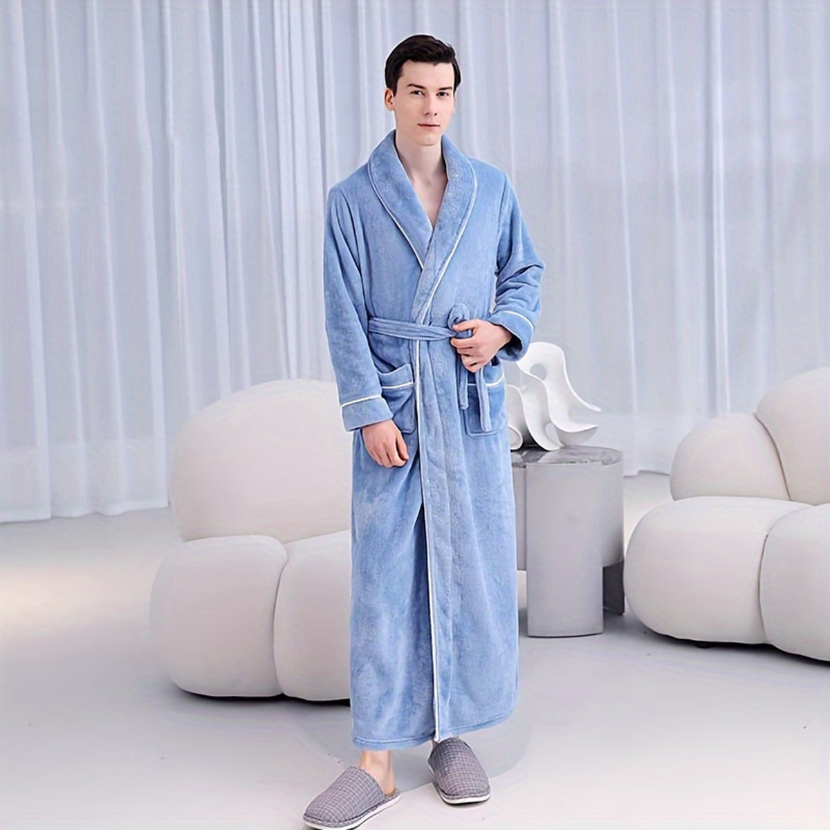 Flannel Bathrobe Coral Fleece Warm Nightgown for Men and Women