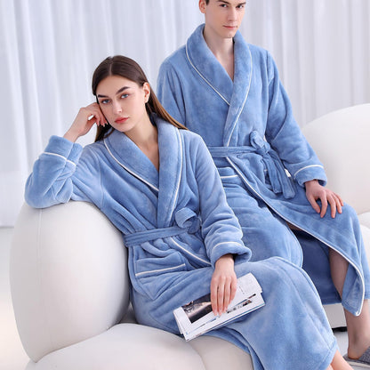 Flannel Bathrobe Coral Fleece Warm Nightgown for Men and Women