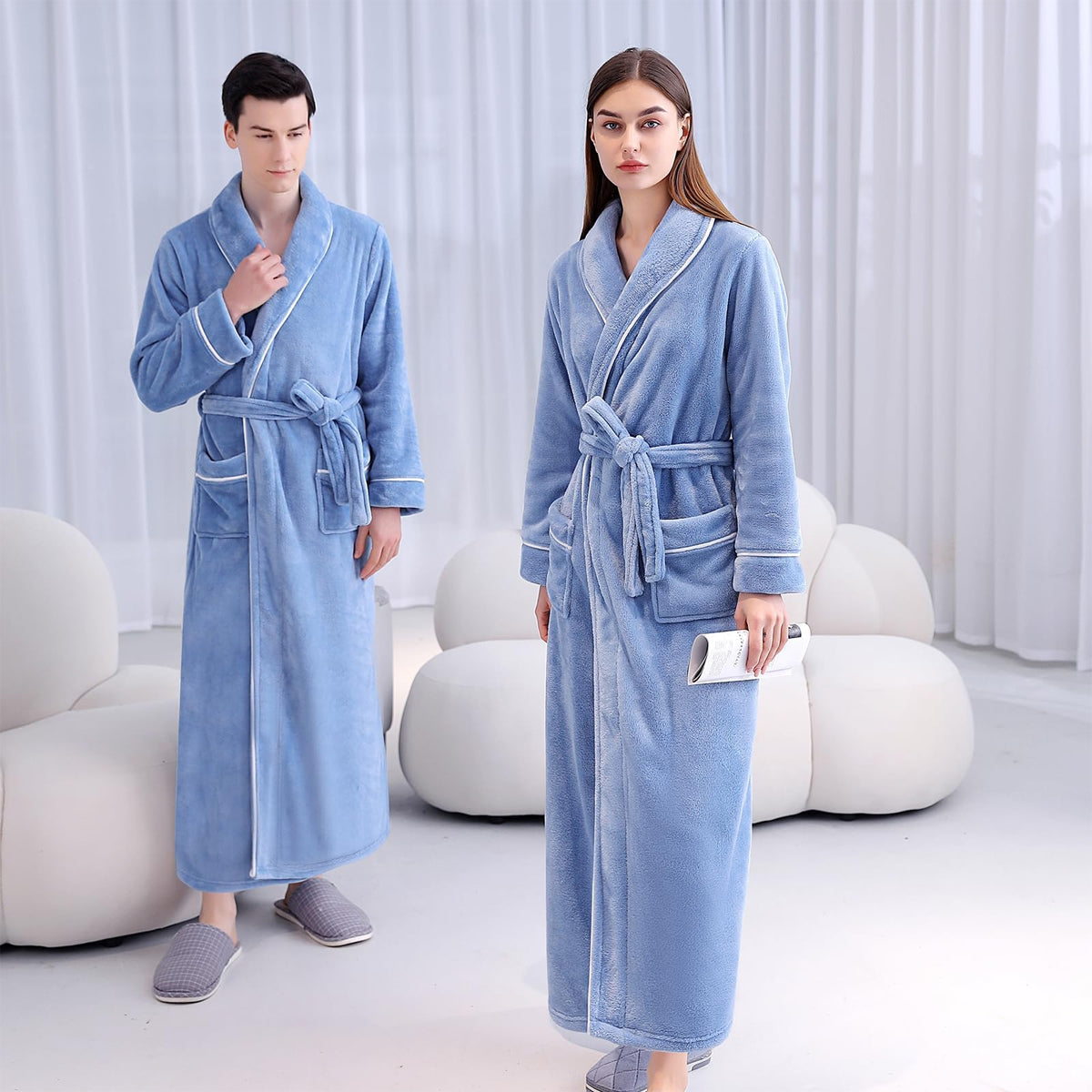 Flannel Bathrobe Coral Fleece Warm Nightgown for Men and Women