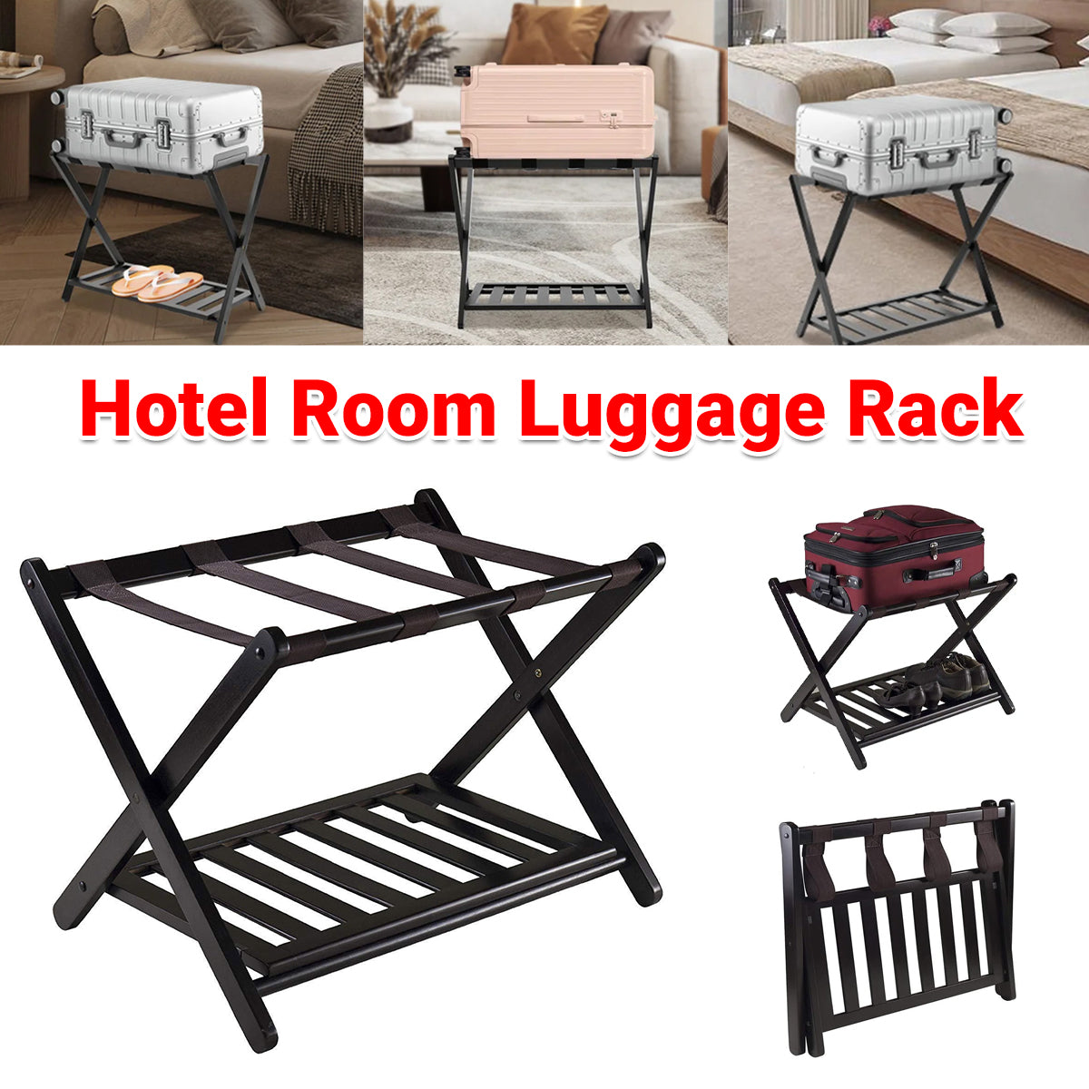 Foldable Bamboo Luggage Rack Double Layer Suitcase Stand