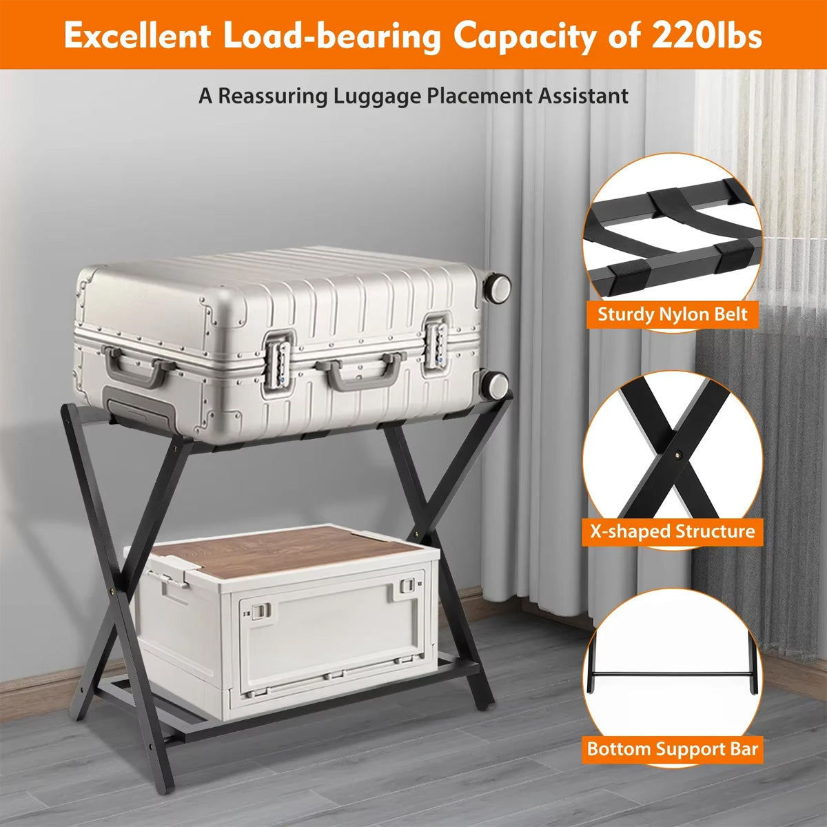 Foldable Bamboo Luggage Rack Double Layer Suitcase Stand