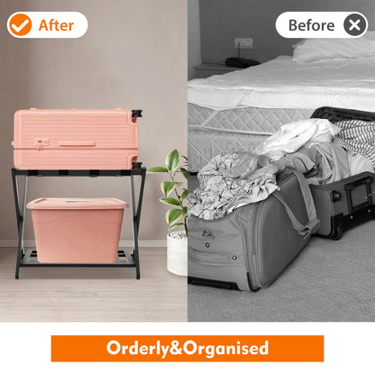 Foldable Bamboo Luggage Rack Double Layer Suitcase Stand