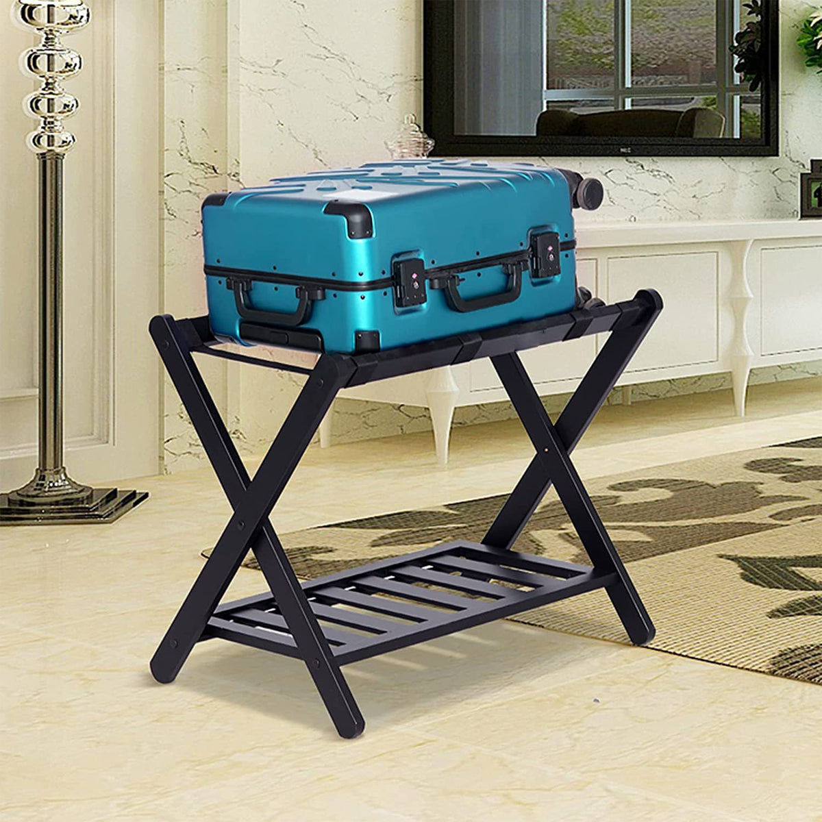 Foldable Bamboo Luggage Rack Double Layer Suitcase Stand