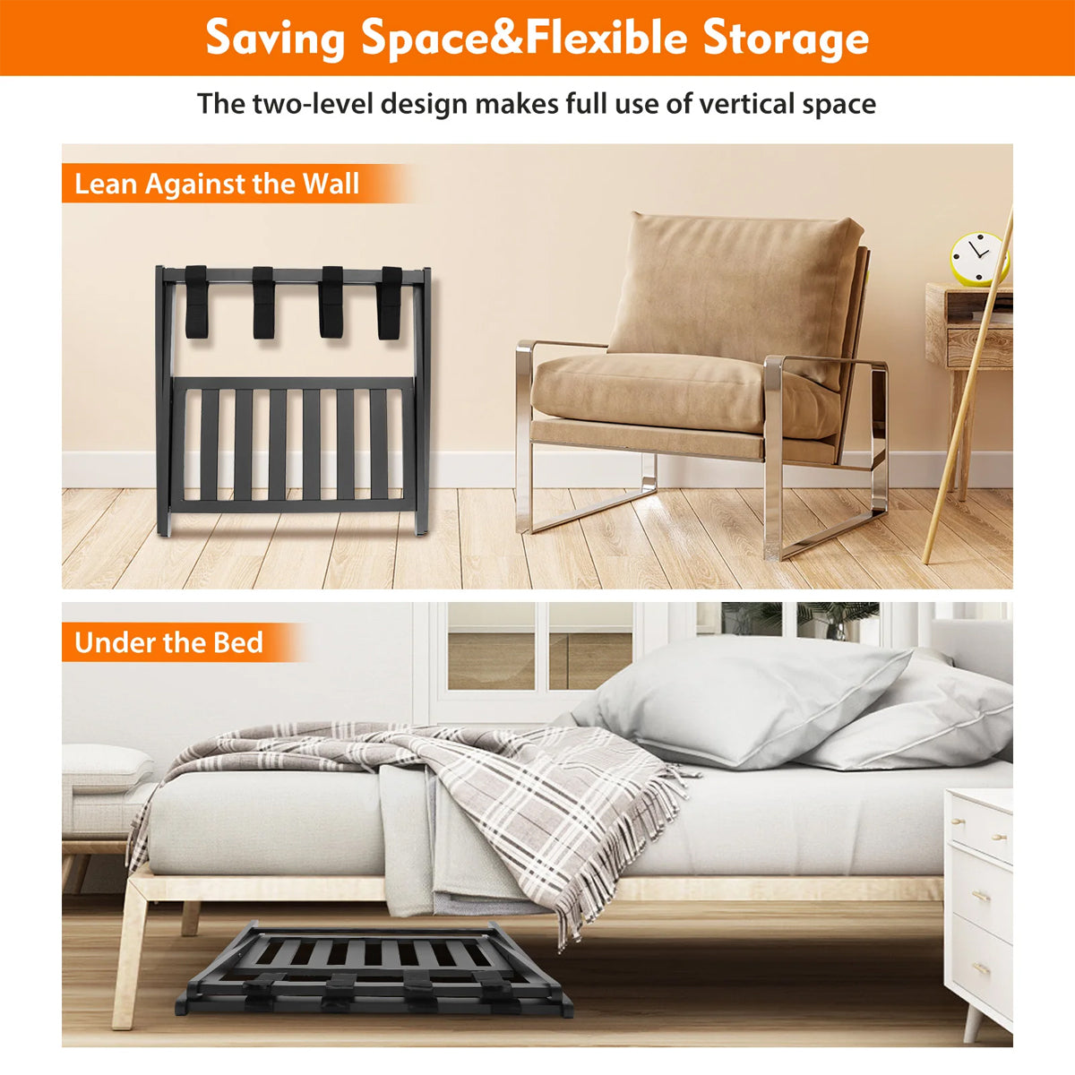 Foldable Bamboo Luggage Rack Double Layer Suitcase Stand