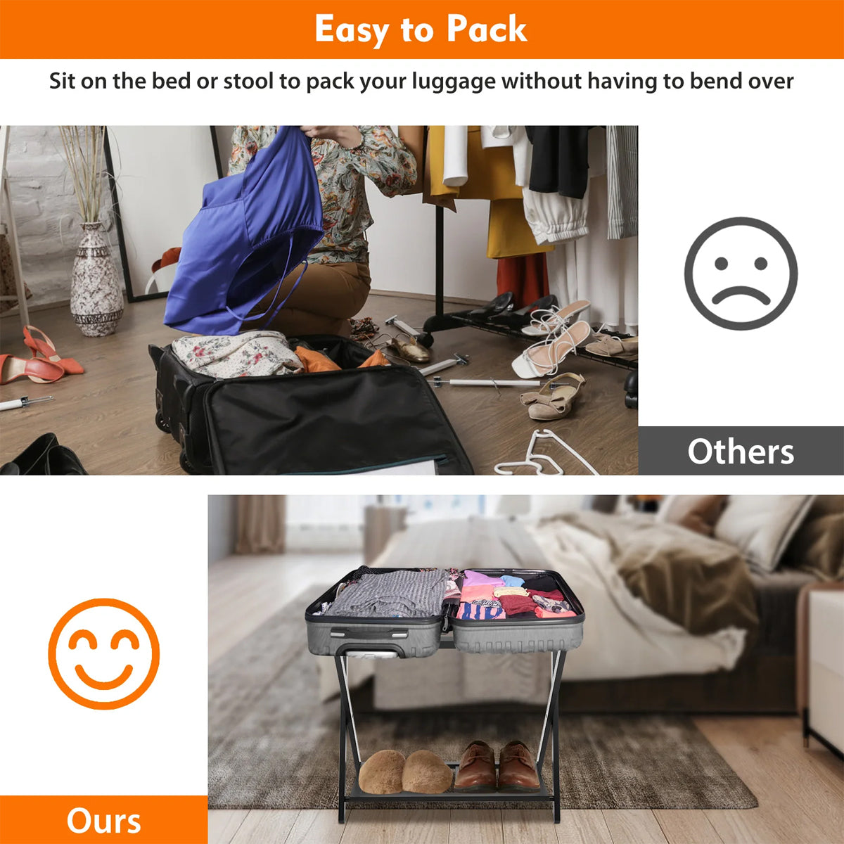 Foldable Bamboo Luggage Rack Double Layer Suitcase Stand