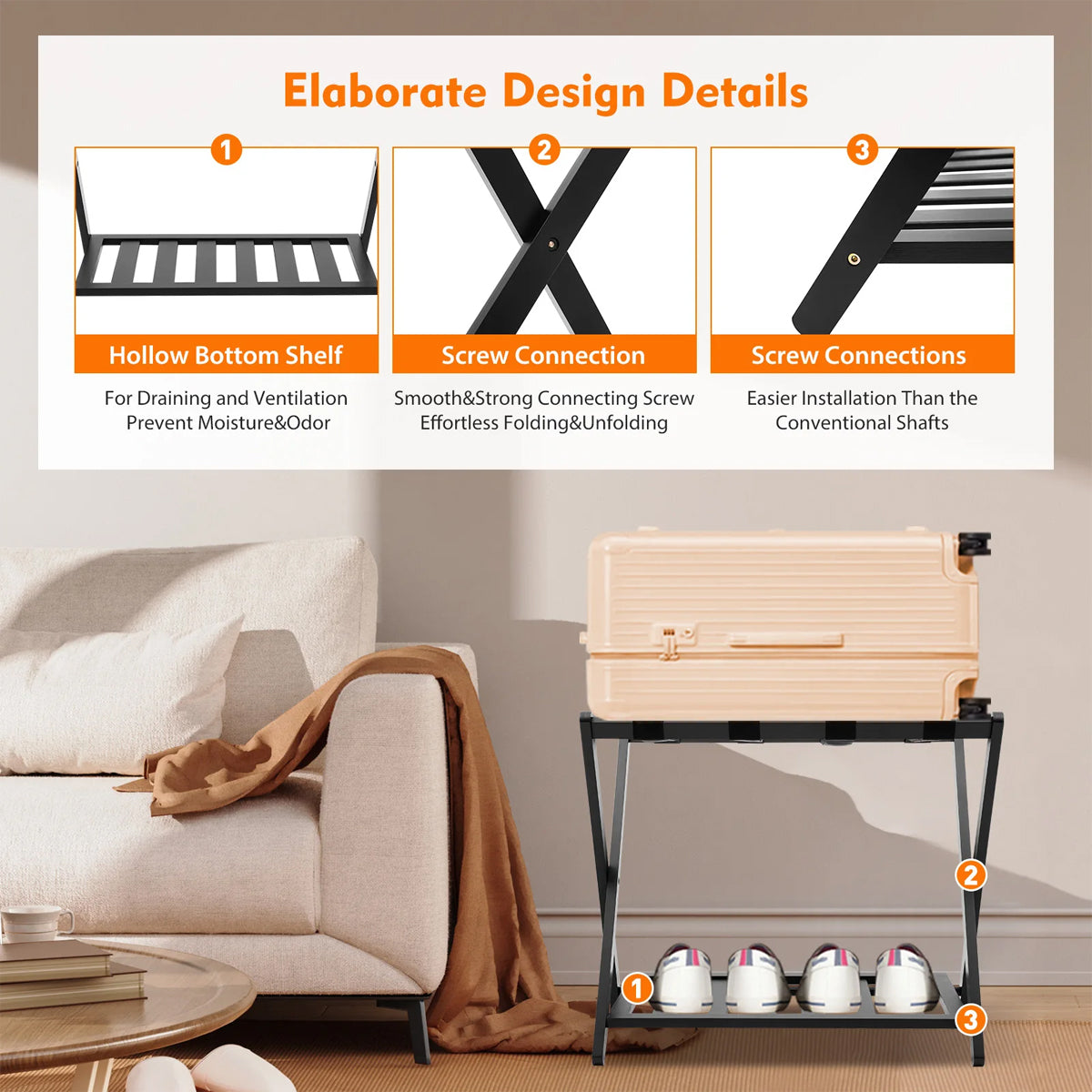 Foldable Bamboo Luggage Rack Double Layer Suitcase Stand