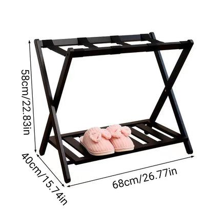 Foldable Bamboo Luggage Rack Double Layer Suitcase Stand