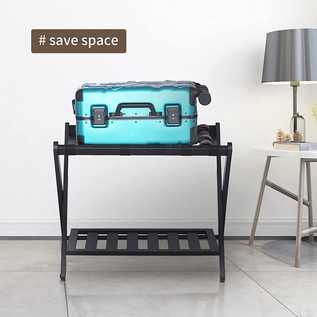 Foldable Bamboo Luggage Rack Double Layer Suitcase Stand