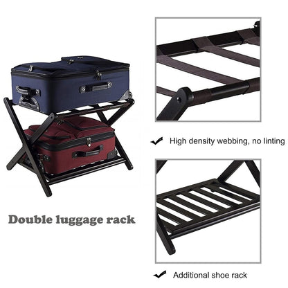 Foldable Bamboo Luggage Rack Double Layer Suitcase Stand