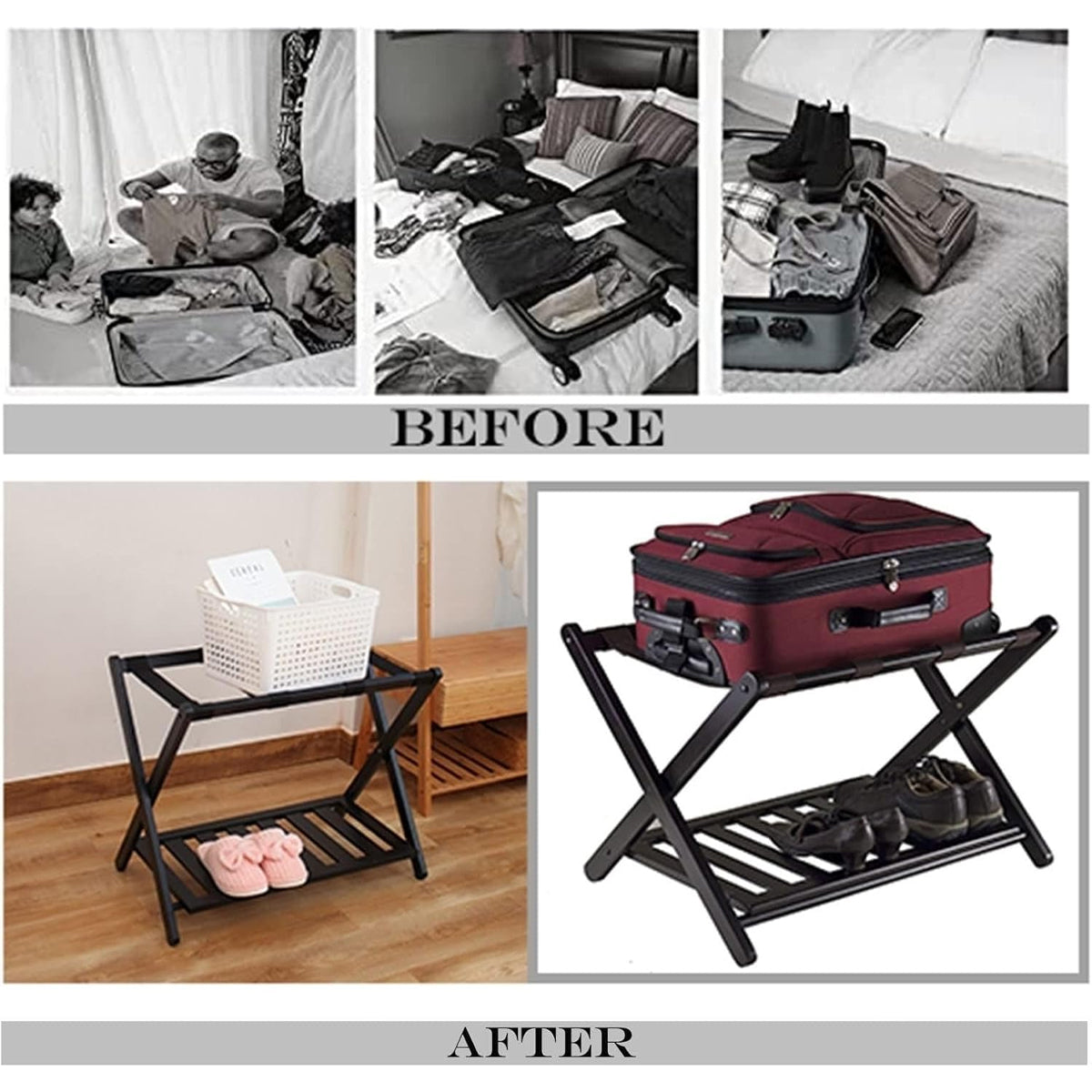 Foldable Bamboo Luggage Rack Double Layer Suitcase Stand