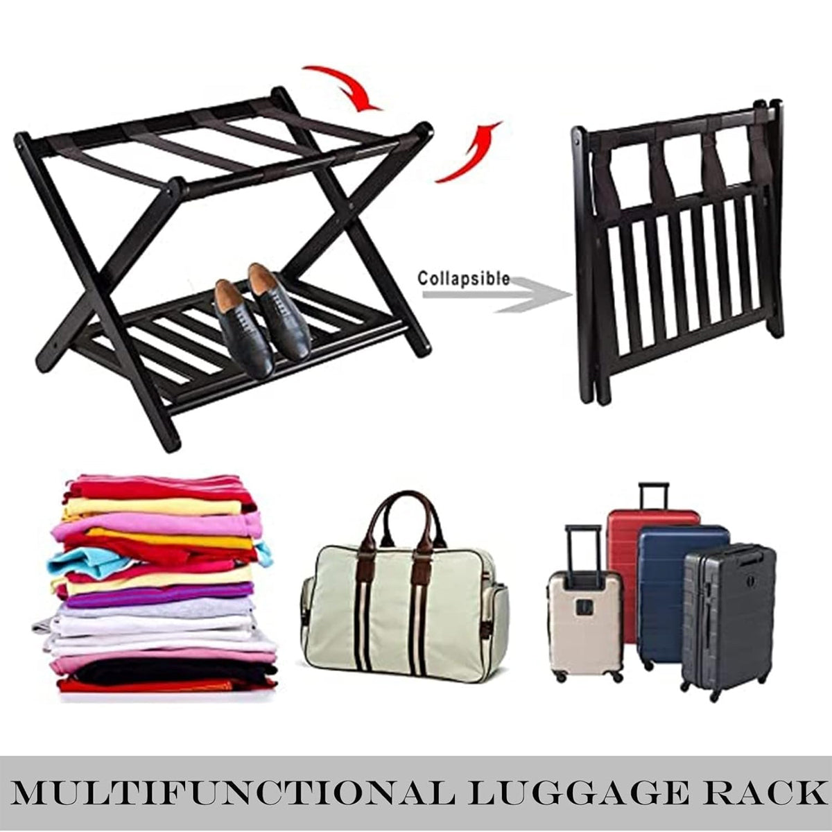 Foldable Bamboo Luggage Rack Double Layer Suitcase Stand