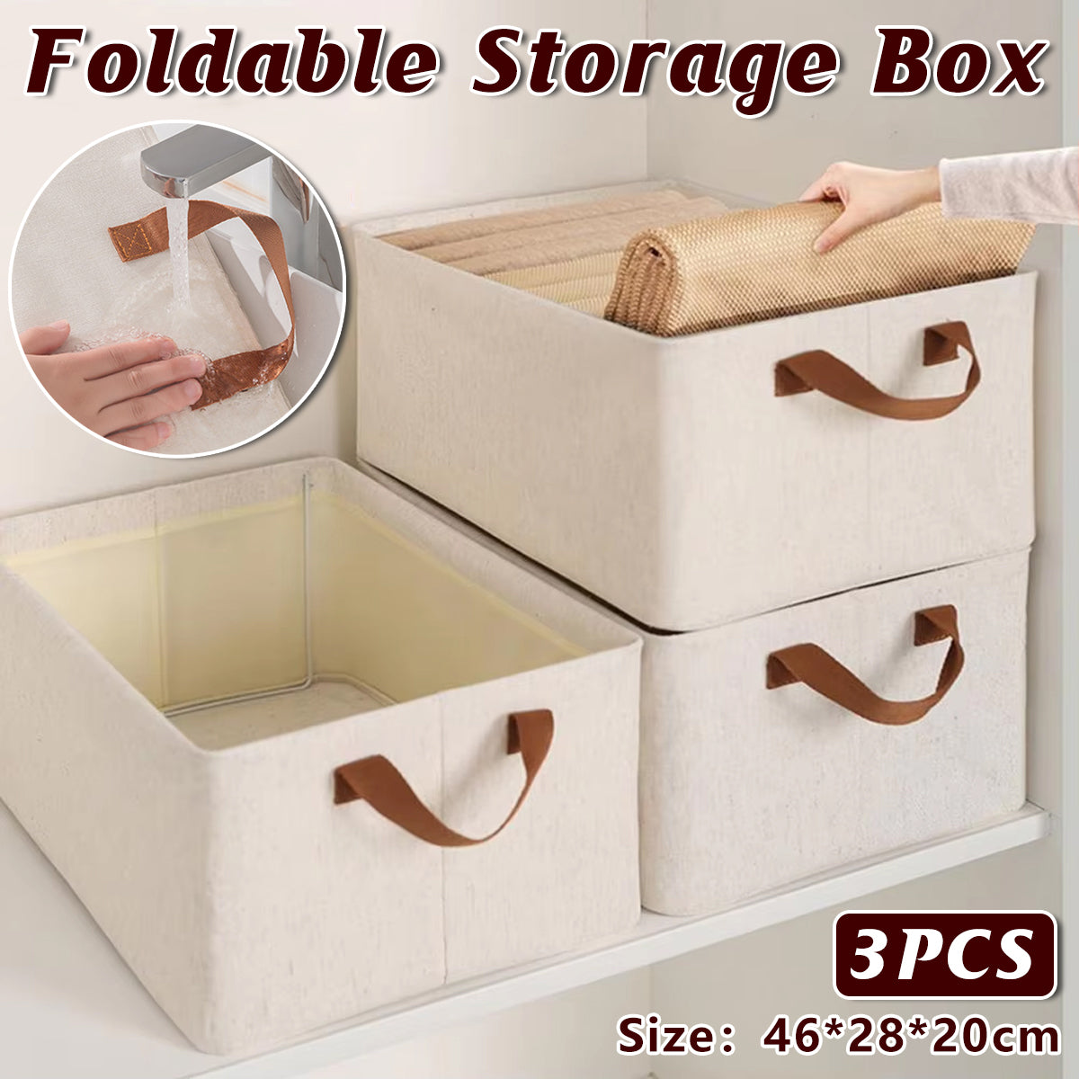 3PCS Cotton Linen Storage Box Set Foldable Washable Bedroom Wardrobe Organizer