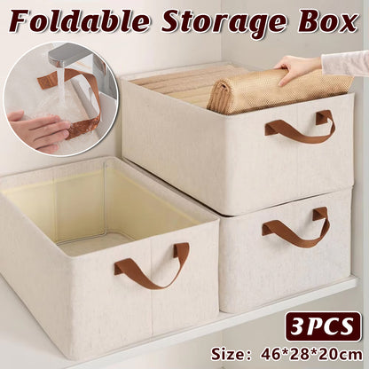 3PCS Cotton Linen Storage Box Set Foldable Washable Bedroom Wardrobe Organizer