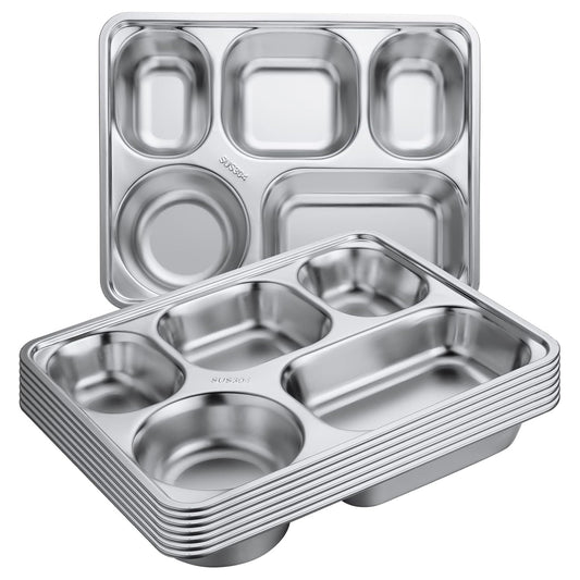Stainless Steel Divided Square Dinner Plates, 8 Pcs