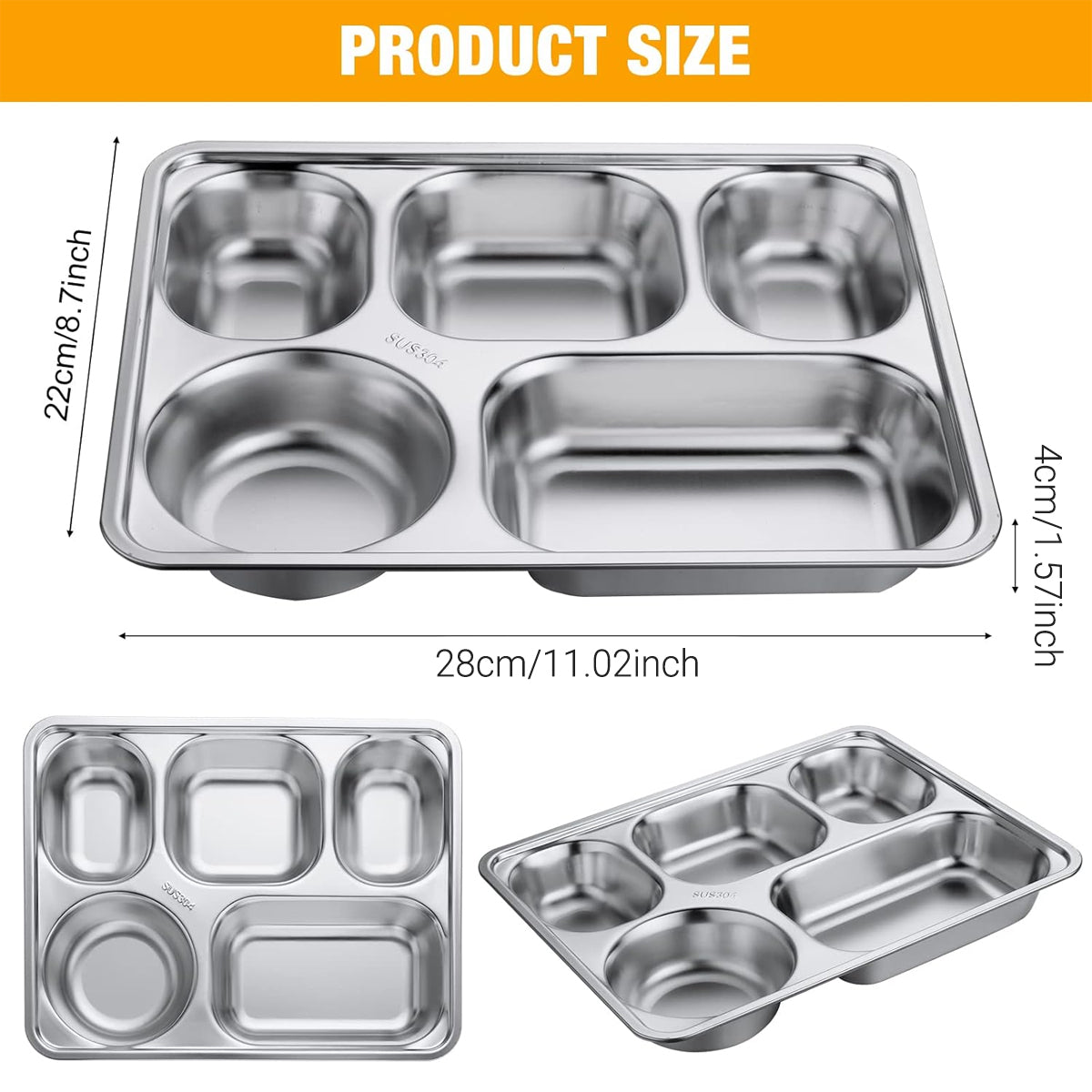 Stainless Steel Divided Square Dinner Plates, 8 Pcs