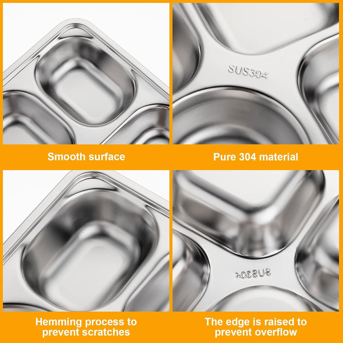 Stainless Steel Divided Square Dinner Plates, 8 Pcs